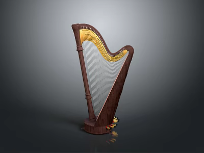 Elegant Wooden Harp With Golden Strings And Decorative Wooden Frame Base 3d model