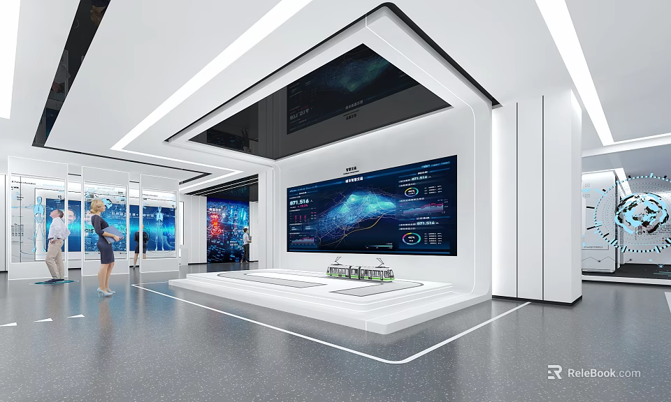 Modern Exhibition Hall With Large Screen Displaying Digital Data And Model On Platform 3d model
