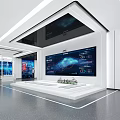 Modern Exhibition Hall With Large Screen Displaying Digital Data And Model On Platform 3d model