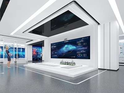 Modern Exhibition Hall With Large Screen Displaying Digital Data And Model On Platform 3d model