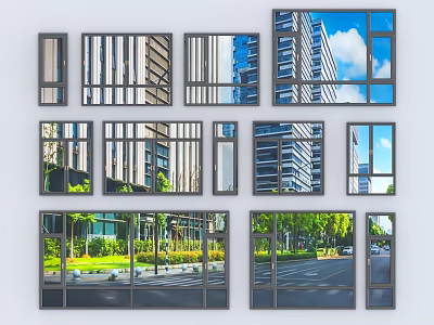 Casement Windows Various Modern Designs With Urban Views And Greenery 3d model