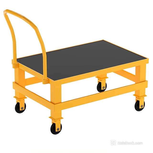 Yellow Construction Platform Cart With Black Top And Movable Wheels 3d model