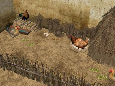 Country Courtyard Rural Chicken Coop Chicken Coop Poultry Rooster Hen Eggs Thatch Pile 3d model