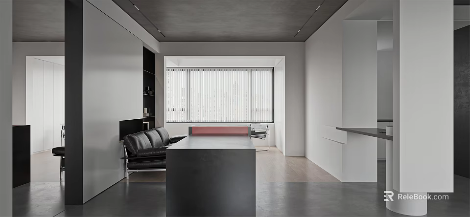 Modern Minimalist Living Room Interior with Black Leather Sofa Rectangular Table and Window Blinds 3d model