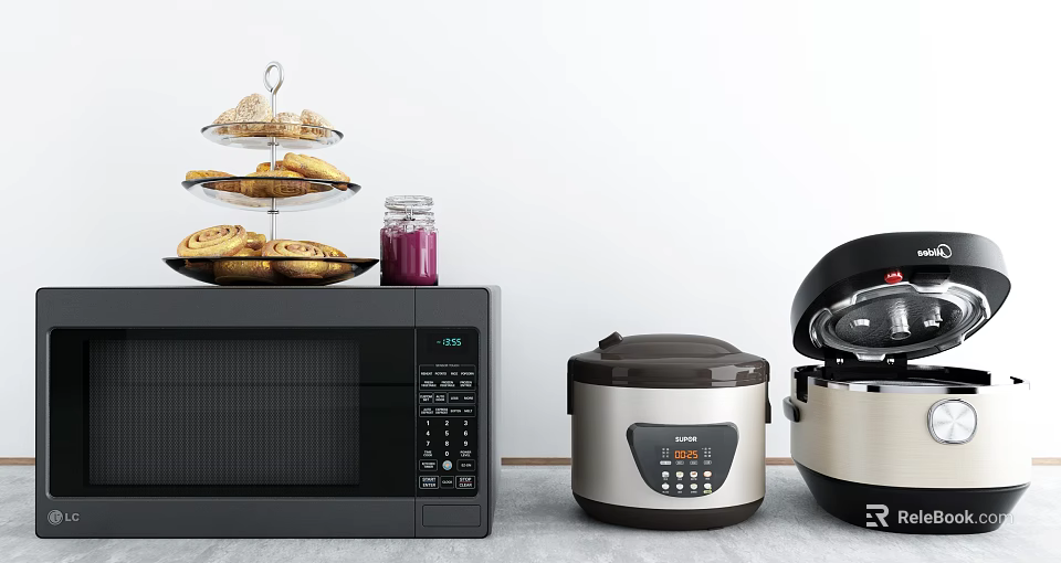 Modern Kitchen Appliances Microwave Rice Cooker Pressure Cooker With Dessert Stand Cookies And Glass Jar 3d model 
