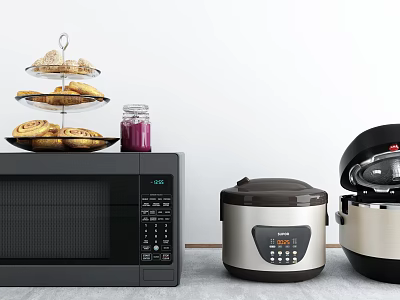 Modern Kitchen Appliances Microwave Rice Cooker Pressure Cooker With Dessert Stand Cookies And Glass Jar 3d model