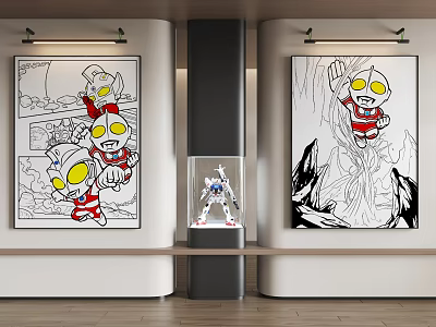 Abstract Painting of Ultraman Black and White Line Art Hanging on Wall with Display Cabinet and Model 3d model