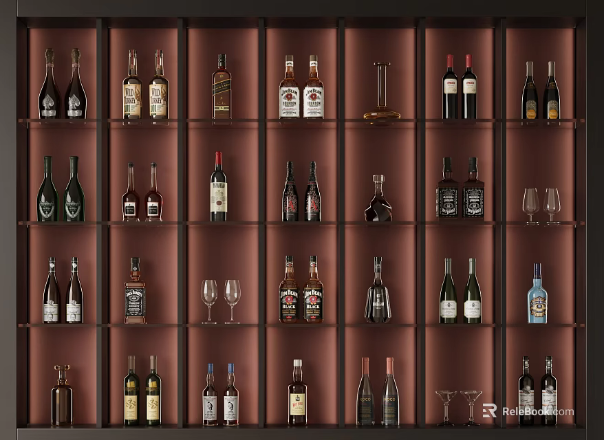 Elegant Wine Cabinet Interior With Shelves Displaying Various Wine Bottles And Glasses 3d model 