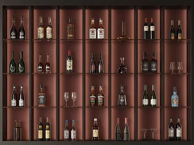 Elegant Wine Cabinet Interior With Shelves Displaying Various Wine Bottles And Glasses 3d model