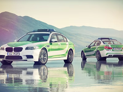 Green and White Police Cars With Roof Lights Reflections On Mountain Water Surface 3d model