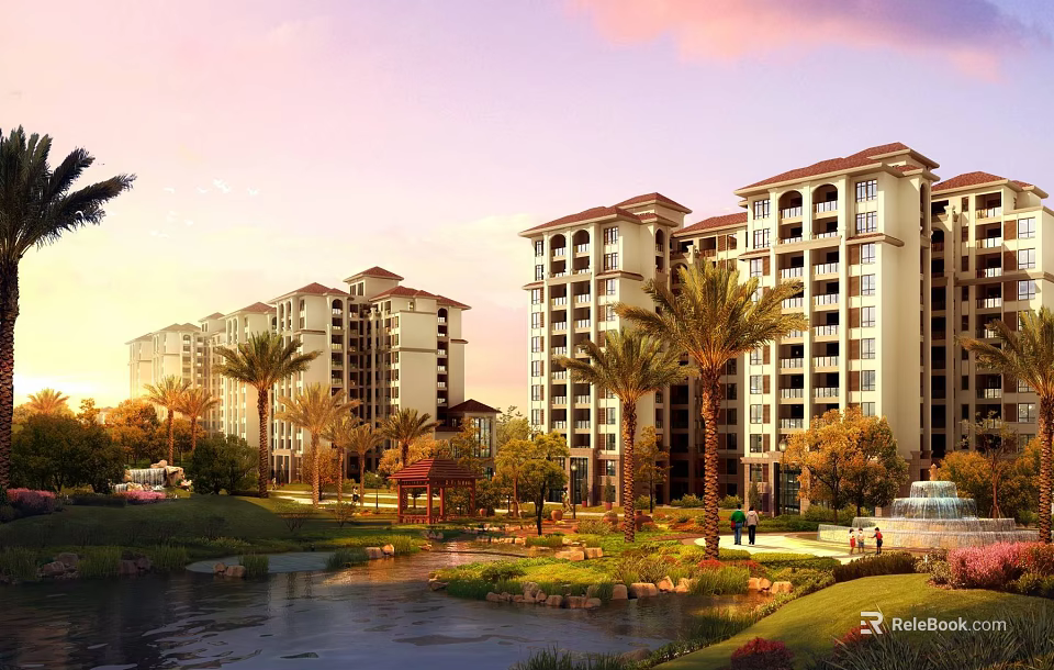 Scenic Modern Residential Buildings With Palm Trees Pond Lawn Pavilion And Fountain 3d model 