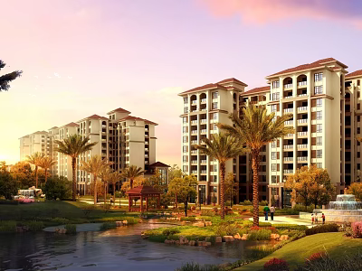 Scenic Modern Residential Buildings With Palm Trees Pond Lawn Pavilion And Fountain 3d model
