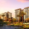 Scenic Modern Residential Buildings With Palm Trees Pond Lawn Pavilion And Fountain