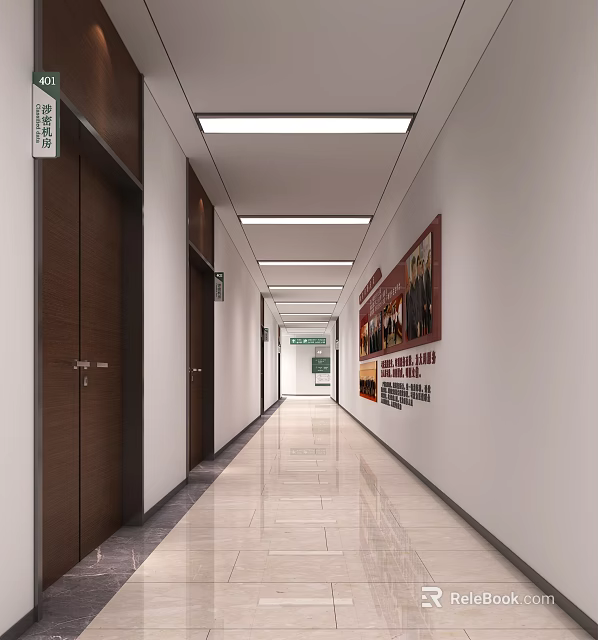 Elevator Corridor Interior With Wooden Doors Ceiling Lights And Decorative Wall Art 3d model