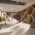 Modern Casual Lounge Area Design With Wooden Hexagon Decor Green Plants And Comfortable Seats