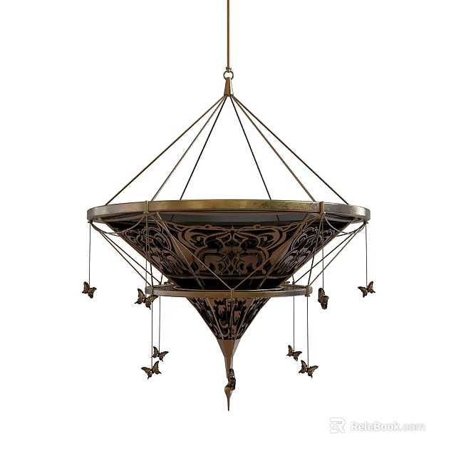 Ornate Brass Pendant with Intricate Carvings and Hanging Butterfly Charms for Vintage Home Decor 3d model 