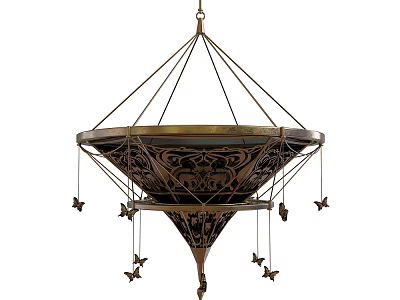 Ornate Brass Pendant with Intricate Carvings and Hanging Butterfly Charms for Vintage Home Decor 3d model