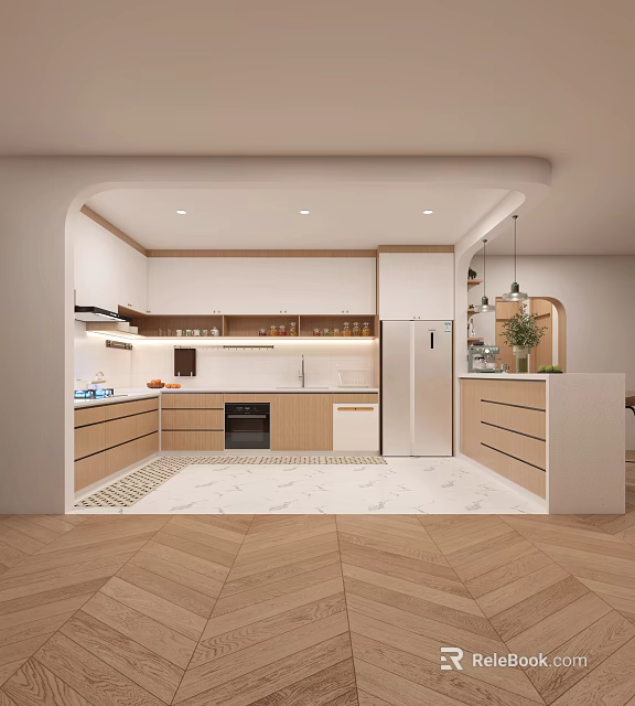 Modern Minimalist Kitchen With Light Cabinets White Countertops Island And Stainless Steel Appliances 3d model 