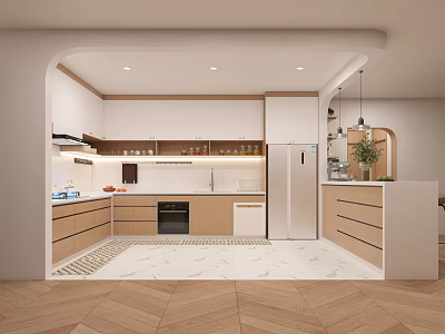 Modern Minimalist Kitchen With Light Cabinets White Countertops Island And Stainless Steel Appliances 3d model