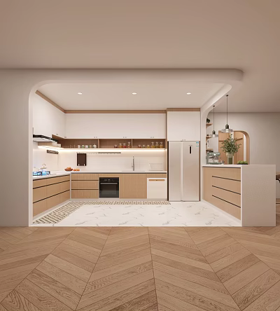 Modern Minimalist Kitchen With Light Cabinets White Countertops Island And Stainless Steel Appliances 3d model