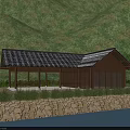 Scenic Public Toilet With Traditional Wooden Structure Near Mountains Water Trees And Stone Wall