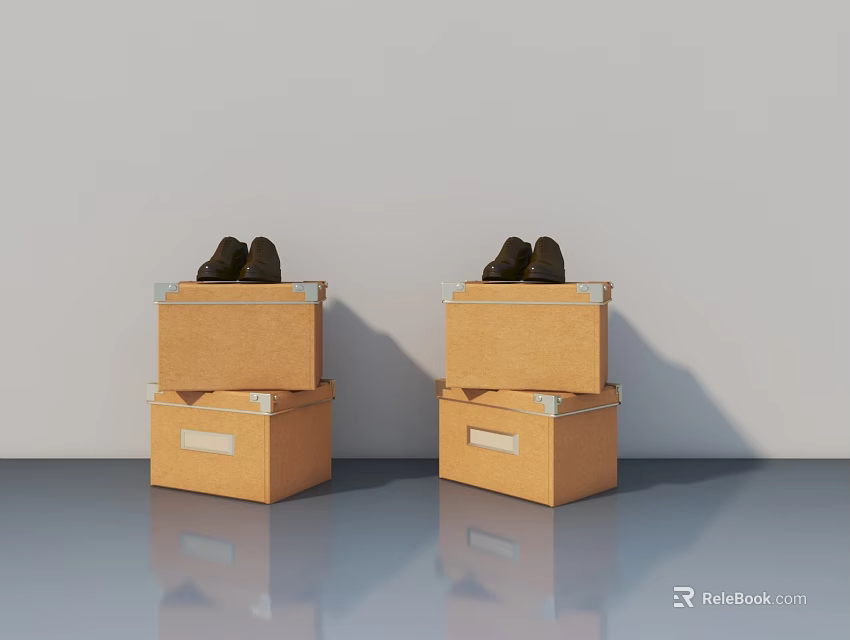 Stacked Cardboard Boxes With Hinged Doors And Black Shoes Against Gray Wall 3d model 