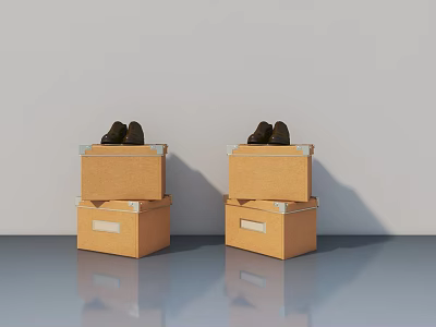Stacked Cardboard Boxes With Hinged Doors And Black Shoes Against Gray Wall 3d model