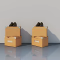 Stacked Cardboard Boxes With Hinged Doors And Black Shoes Against Gray Wall