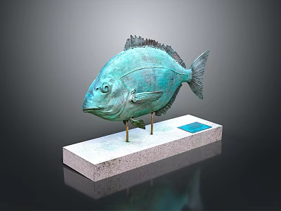 Display Pedestal Furniture In White Stone Featuring Bronze Fish Sculpture And Blue Accent 3d model
