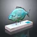 Display Pedestal Furniture In White Stone Featuring Bronze Fish Sculpture And Blue Accent