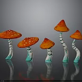 Five Red Mushroom Figurines With White Spots On Caps White Stems And Blue Bases