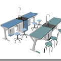 Laboratory Workbenches With Blue Green Tops Faucet And Mobile Stools Setup 3d model