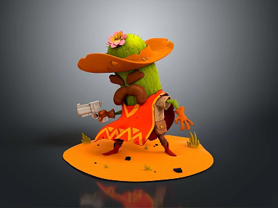 Game Movie Character Cactus With Sombrero Pink Flower Mustache Red Cape Silver Gun Orange Ground 3d model