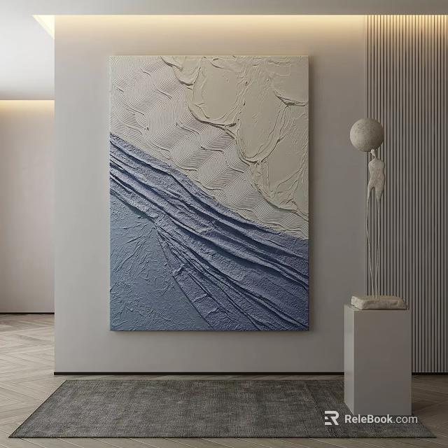 Abstract Blue And White Textured Painting With Modern Sculpture In Interior Space 3d model