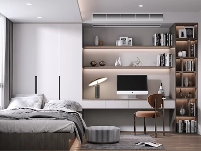 Modern Bedroom with Bed White Wardrobe Desk Bookshelf Computer and Decorations 3d model