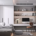 Modern Bedroom with Bed White Wardrobe Desk Bookshelf Computer and Decorations