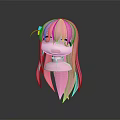 Cute Cartoon Character 3D Head Model With Pink Long Hair And Colorful Hair Accessory