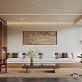 Modern Chinese Living Room Interior With White Sofa Wooden Coffee Table Landscape Painting And Greenery