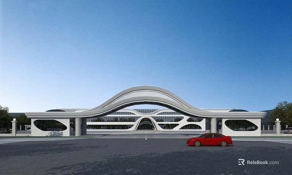 Modern Entrance Gate With Curved Arch Structure And Red Car Under Blue Sky 3d model 