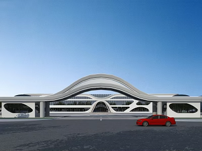 Modern Entrance Gate With Curved Arch Structure And Red Car Under Blue Sky 3d model