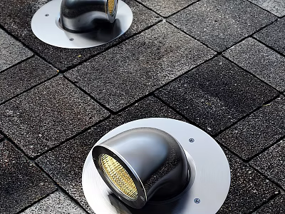 Two Modern Metallic Floor Lamps With Bright Glow On Paved Ground 3d model