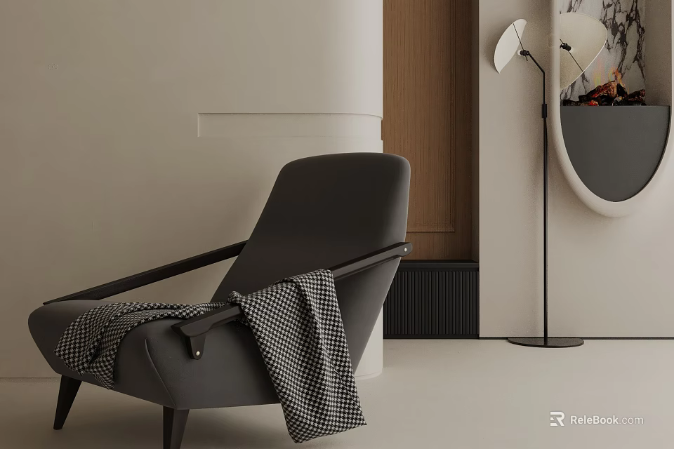 Modern Minimalist Leisure Chair With Checkered Blanket Floor Lamp And Wooden Accents 3d model 