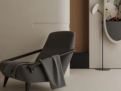 Modern Minimalist Leisure Chair With Checkered Blanket Floor Lamp And Wooden Accents 3d model