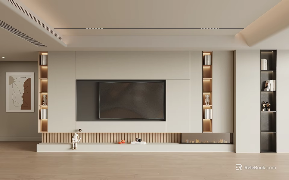 Modern Style TV Background Wall With Illuminated Shelves And Wooden Decor 3d model 