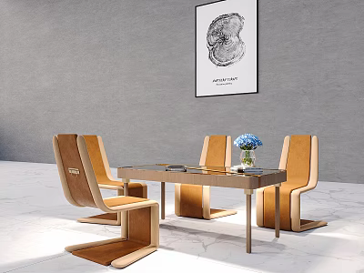 Modern Dining Table and Chairs Set With Wooden Frame Blue Flowers and Wall Art 3d model