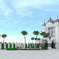 Elegant White Hotel Building Featuring Arched Entrance Decorative Columns Front Garden And Palm Trees