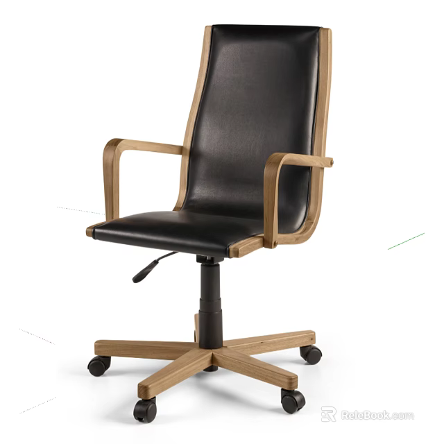 Comfortable Black Leather Office Chair With Wooden Armrests And Five Star Wheel Base 3d model 