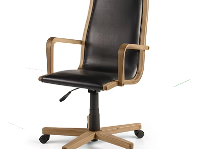 Comfortable Black Leather Office Chair With Wooden Armrests And Five Star Wheel Base 3d model