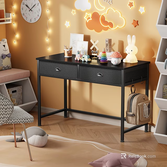 Black Desk With Two Drawers Stationery Rabbit Lamp And Cloud Decor On Yellow Wall 3d model 