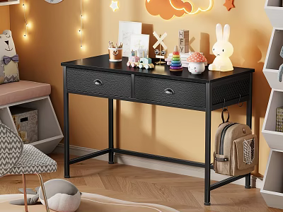 Black Desk With Two Drawers Stationery Rabbit Lamp And Cloud Decor On Yellow Wall 3d model